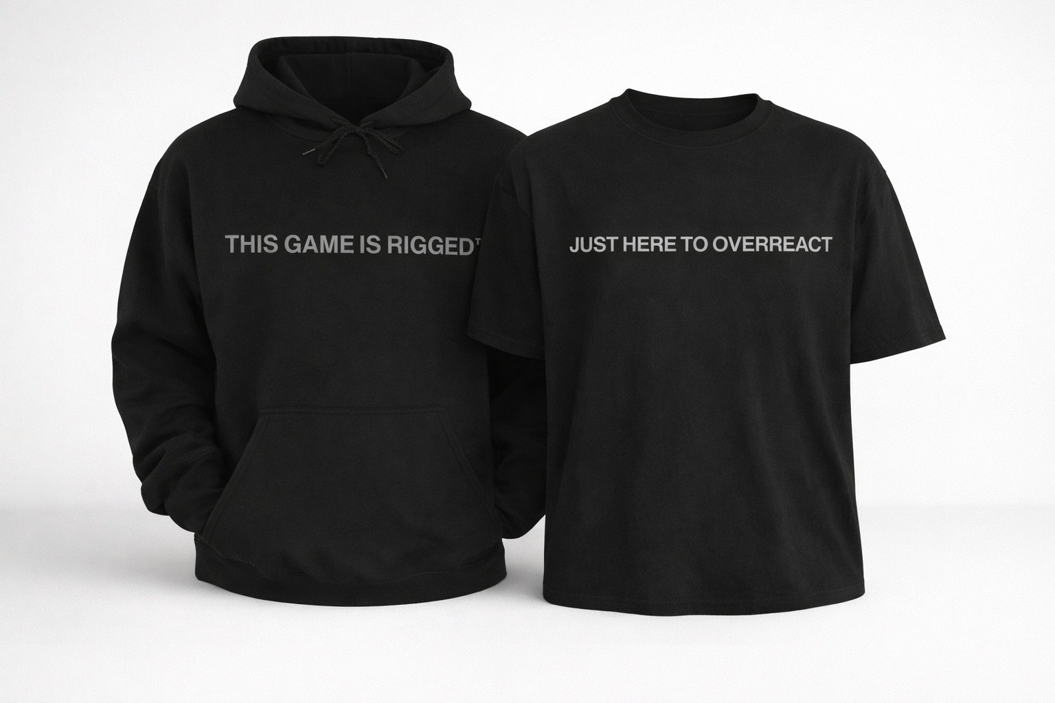 Black hoodie and t-shirt set with humorous text on a white background